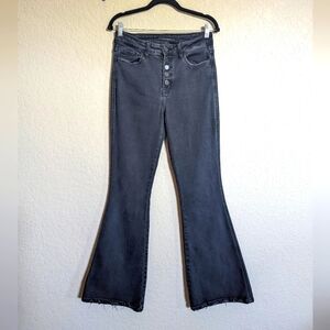 Flying Monkey Size 29 High Rise Button Fly Distress Hem Charcoal Flare Jeans